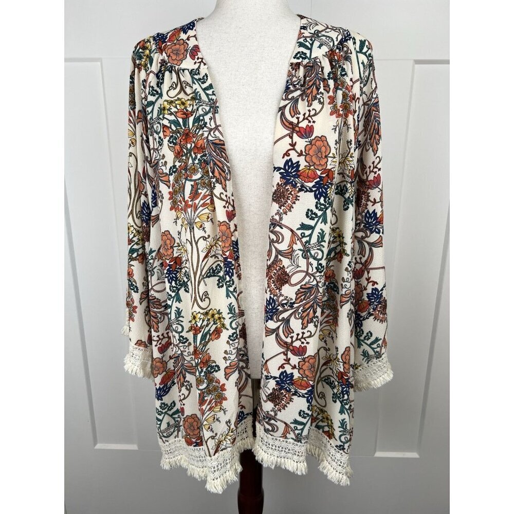 Jodifl Floral Boho Kimono Cardigan Small Fringe Trim Open Front 31” Length NWT